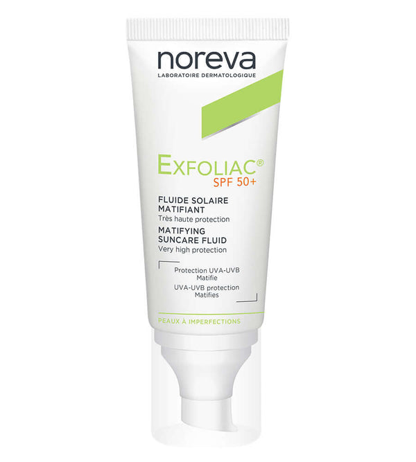 NOREVA Exfoliac Mattifying Sun Fluid SPF 50, 40ml, for oily skin, providing high UVA/UVB protection and a lightweight texture.