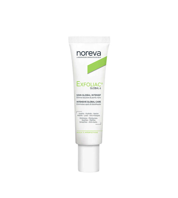 Noreva Global 6 Exfoliac tube for anti-blemish care with Lipobactol and Hyaluronic acid for skin protection.