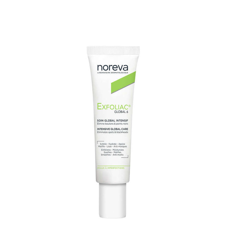 Noreva Global 6 Exfoliac tube for anti-blemish care with Lipobactol and Hyaluronic acid for skin protection.