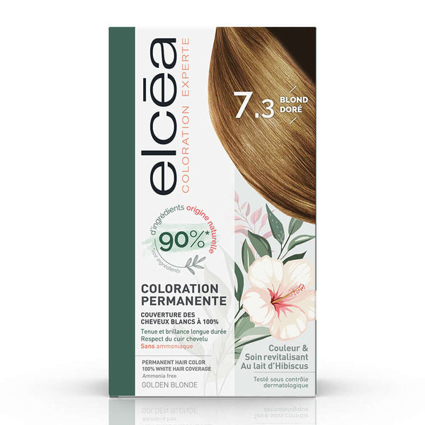 ELCEA Golden Blond 7.3 permanent hair dye box with floral design, ammonia-free, 90% natural ingredients.