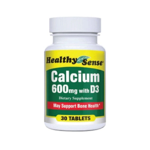 Healthy Sense Calcium 600mg with D3 dietary supplement, 30 tablets, supports bone health. Not for sale.