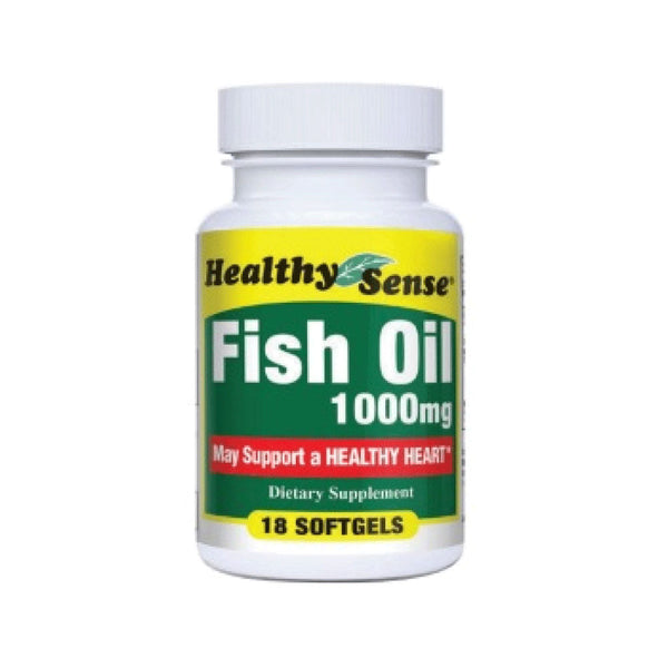 Healthy Sense Fish Oil 1000mg dietary supplement softgels in a bottle, supports a healthy heart, 18 count.