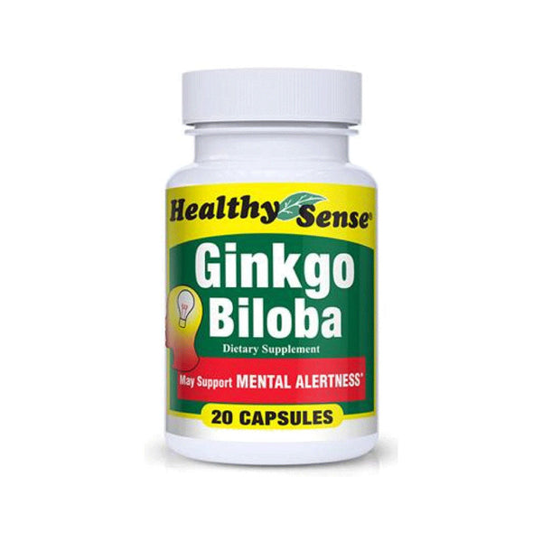 Healthy Sense Ginkgo Biloba dietary supplement bottle with 20 capsules promoting mental alertness. Not for sale.