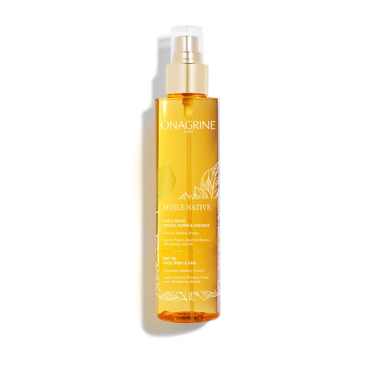 ONAGRINE Huile Native dry oil for face, body, and hair in a 150ML bottle, featuring luxurious natural oils.