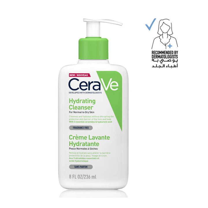 CeraVe Hydrating Cleanser 236ml for normal to dry skin, dermatologist-recommended, hydrating formula with ceramides.