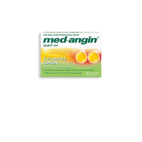 MEDANGIN Lemon Sugar Free Lozenges for throat relief, antiseptic, and analgesic treatment for mild infections.