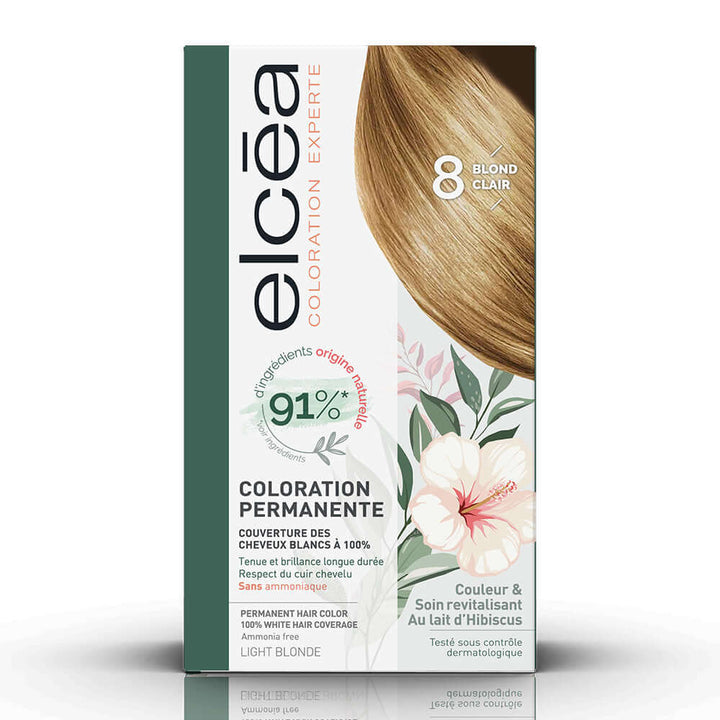 Elc‚a Coloration Light Blonde 8 hair dye packaging, ammonia-free, 90% natural ingredients, hibiscus milk, 100% white hair coverage.