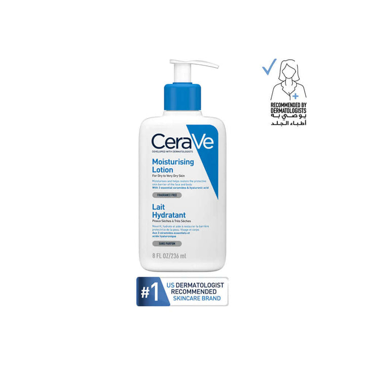 CeraVe Moisturizing Lotion bottle with pump, dermatologist-recommended for 24-hour hydration and skin barrier restoration.