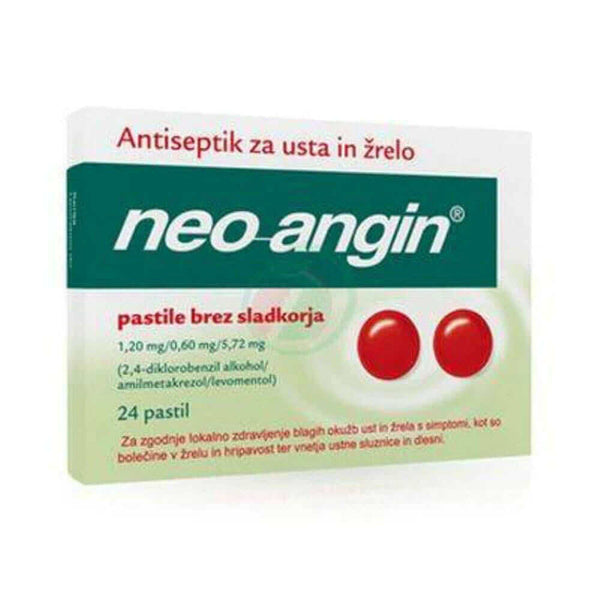 neo-angin sugar-free lozenges packaging for sore throat relief, 24 pastilles, antiseptic for mouth and throat infection.