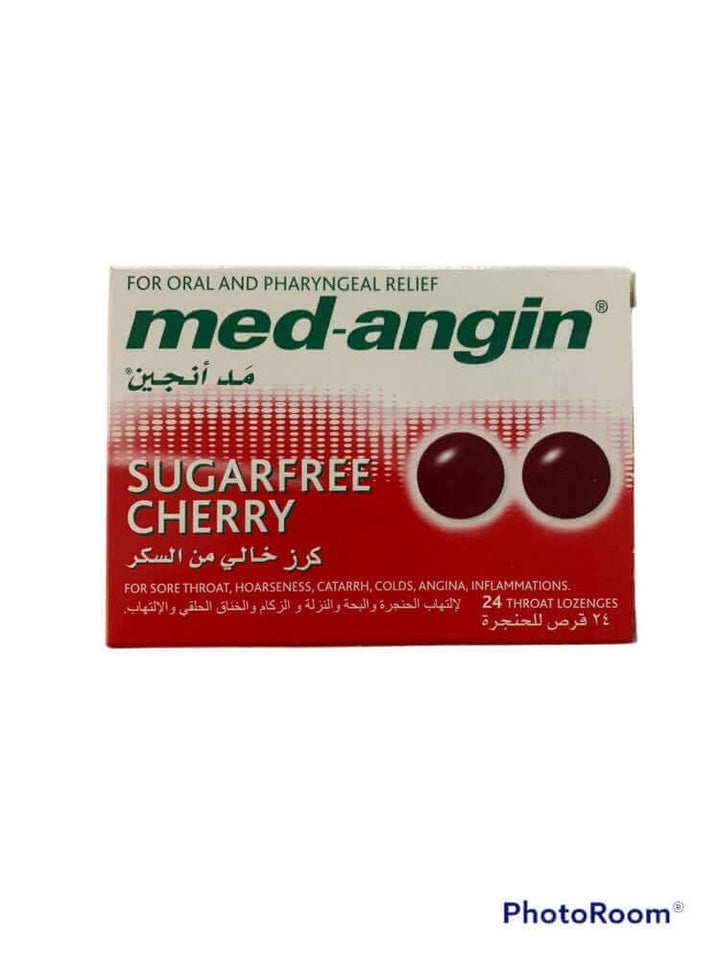 Med-Angin Cherry Sugarfree Lozenges for throat relief, 24 pieces, antiseptic and analgesic for mouth infections.