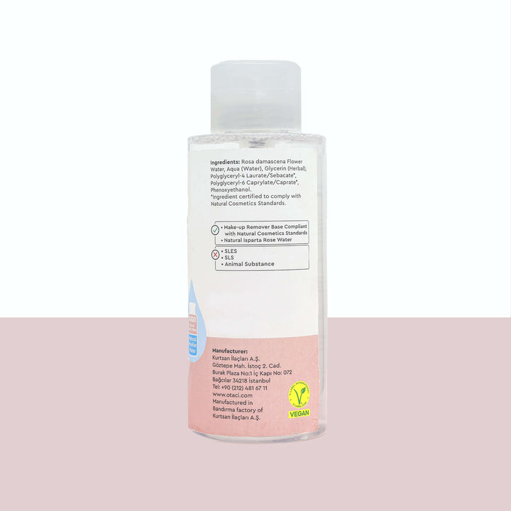 OTACI Rose Micellar Water bottle back view, showing vegan ingredients and skincare benefits for cleansing and refreshing skin.