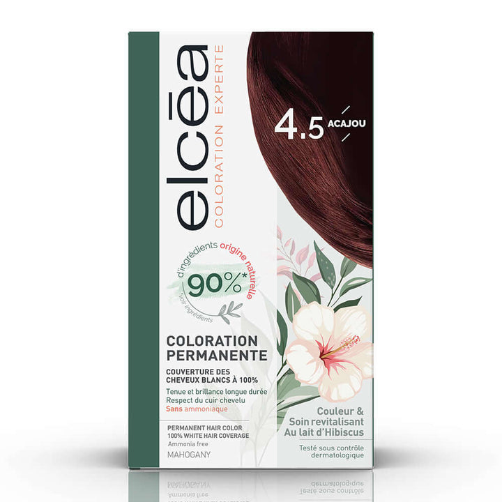 ELCEA Coloration Mohogany 4.5 hair dye box with 90% natural ingredients and hibiscus milk for permanent color coverage.