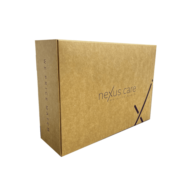 Side view of a stylish brown gift box featuring the Nexus Care logo and a price match guarantee slogan.