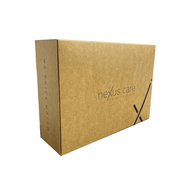 Side view of a stylish brown gift box featuring the Nexus Care logo and a price match guarantee slogan.