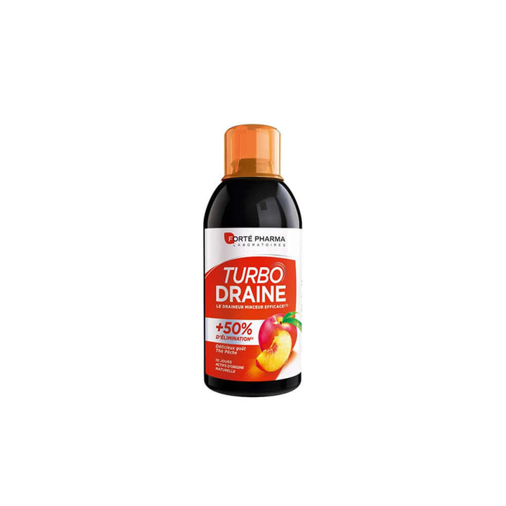 FORTE PHARMA TurboDraine bottle showcasing fruity flavors for healthy weight management and natural support.