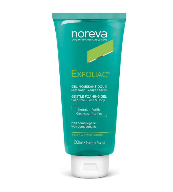 Noreva Exfoliac Gel Moussant Doux 100ml tube for cleansing young skin with imperfections, soap-free formula, made in France.