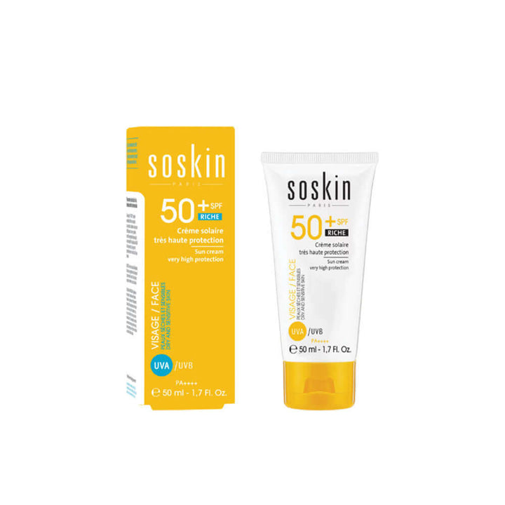 Soskin Sun Cream Very High Protection SPF 50+ 50ml tube and packaging, eco-designed, silicone-free, moisturizing sunscreen.