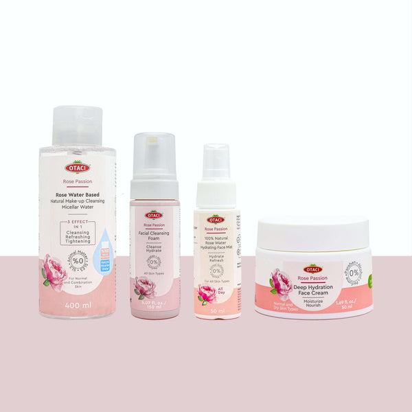 OTACI Rise & Shine Kit includes Facial Cleansing Foam, Micellar Water, Hydrating Face Cream, and Face Mist.