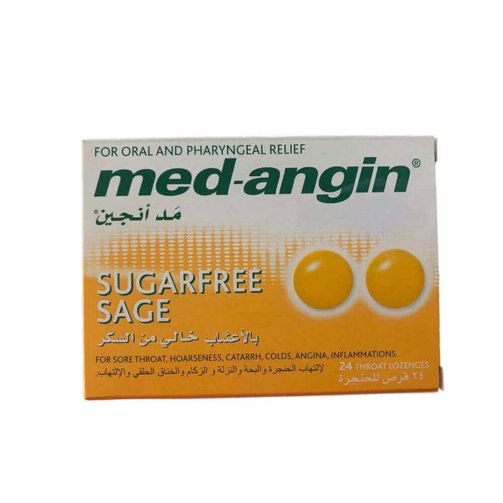 med-angin Sage Sugarfree Lozenges for throat relief, 24 count, effective for sore throat and pharyngeal infection relief.