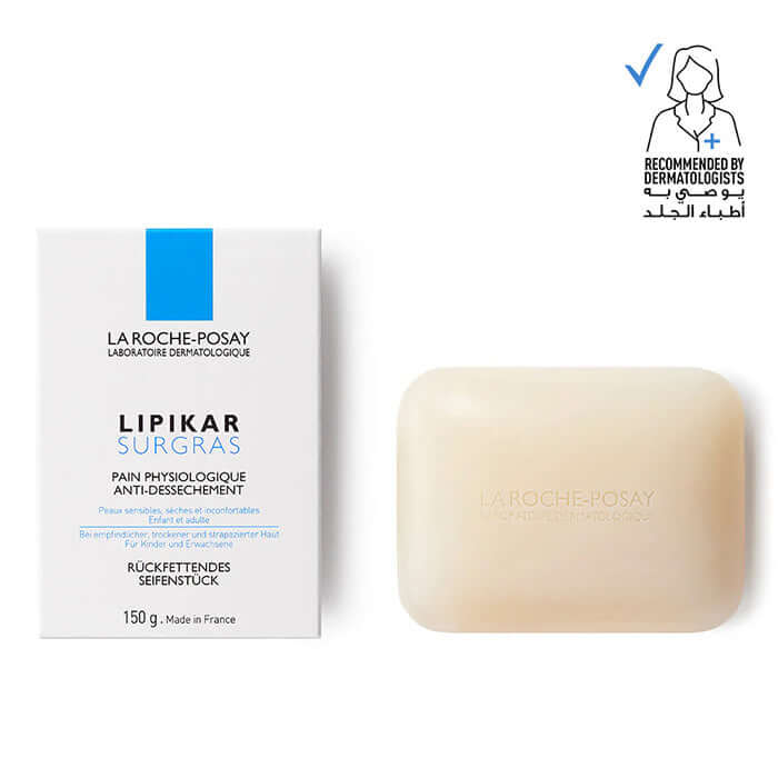 LA ROCHE POSAY Lipikar Surgras Bar with packaging, lipid-enriched cleansing bar for dry skin, recommended by dermatologists.