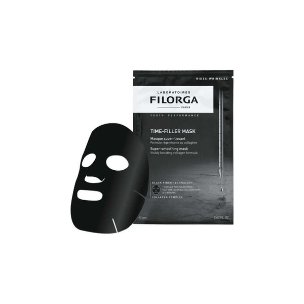 FILORGA Time-Filler Mask packaging with a black face mask, designed for intense hydration and skin smoothing. Not for sale.