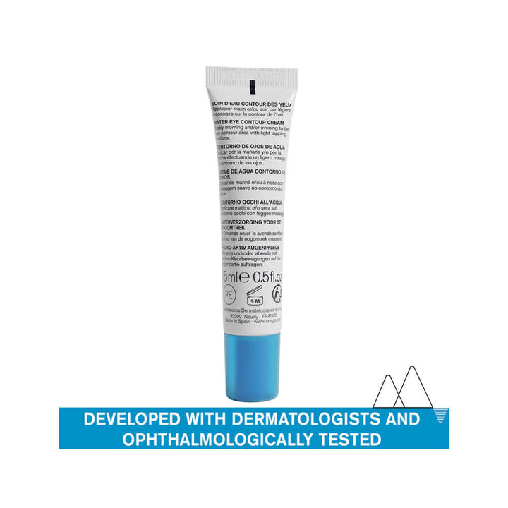 Uriage Eau Thermale Creme D'eau Contour Des Yeux 15ml tube, dermatologically developed and ophthalmologically tested.