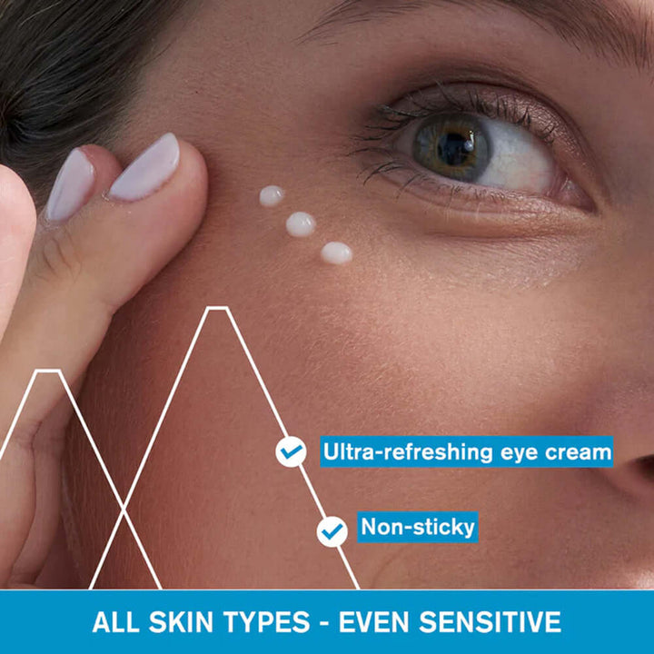 Ultra-refreshing Uriage Eau Thermale Eye Cream applied to skin, suitable for all skin types including sensitive skin.