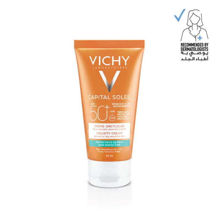 VICHY Capital Soleil Velvety Sunscreen SPF 50 for normal to dry skin in a 50ml tube, not for sale. Recommended by dermatologists.