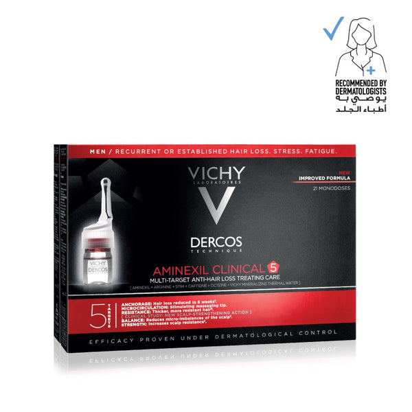 VICHY Dercos Aminexil Clinical 5 anti-hair fall treatment for men in a pack of 21 doses, dermatologist recommended.