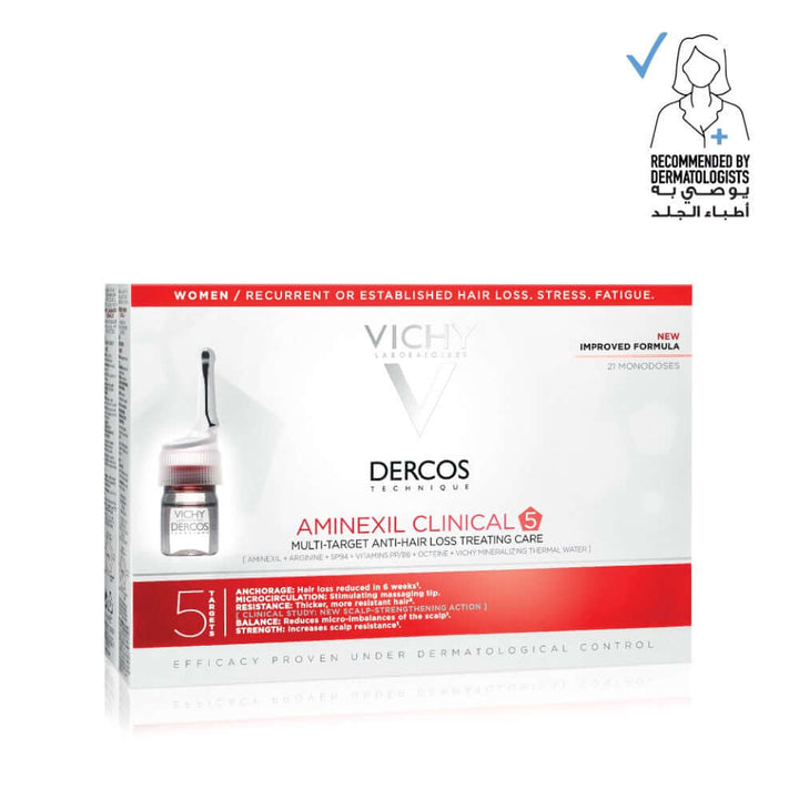 VICHY Dercos Aminexil Clinical 5 anti-hair fall treatment for women, 21 doses, dermatologist recommended. Not for sale.