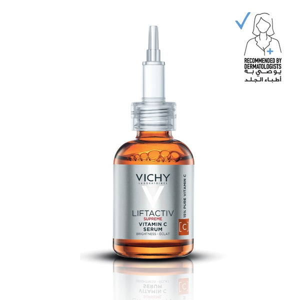 VICHY Liftactiv Vitamin C 15% Serum in a glass dropper bottle for anti-aging and brightening, recommended by dermatologists.