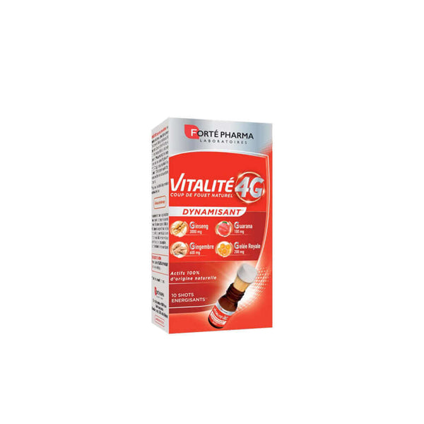 FORTE PHARMA Vitalite 4G Dinamisant 10shots packaging featuring natural ingredients for energy and fatigue reduction.