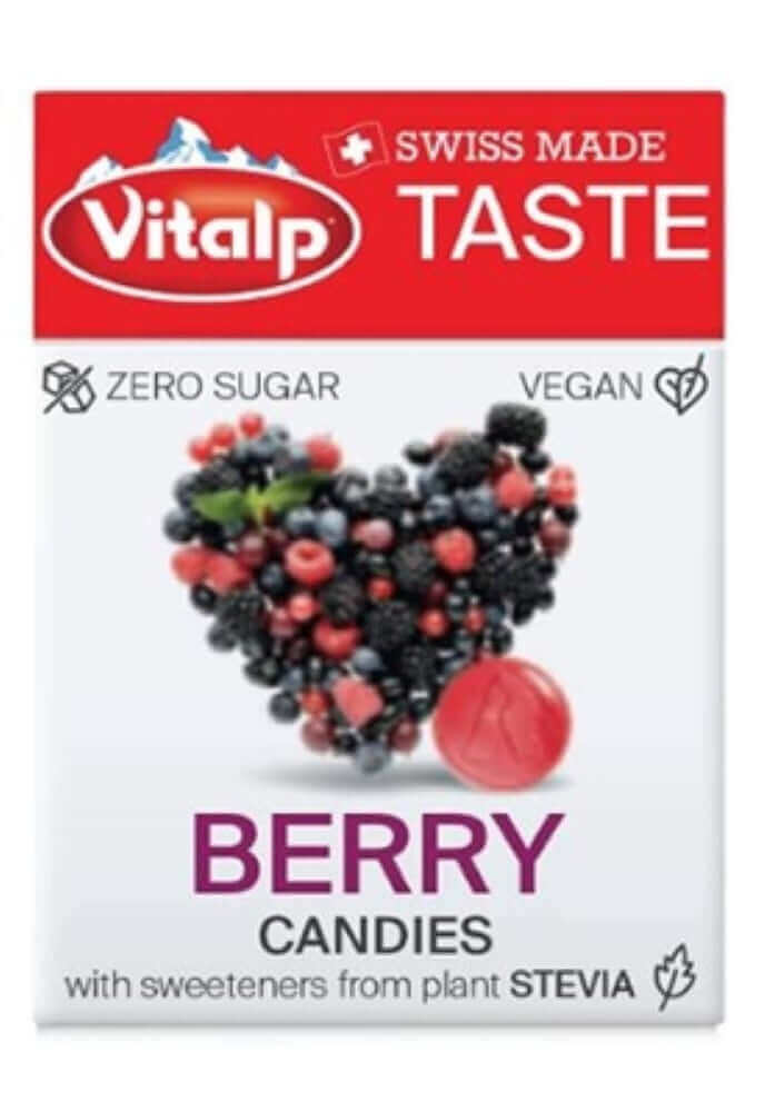 VITALP Berry Sugar Free candies with stevia, Swiss made, zero sugar, and vegan-friendly packaging design.