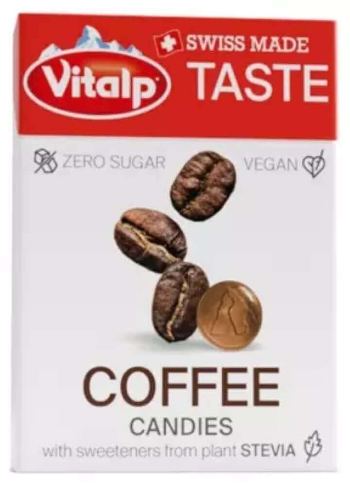 VITALP Coffee Sugar Free candies with coffee beans, vegan and sweetened with plant-based stevia, Swiss made.