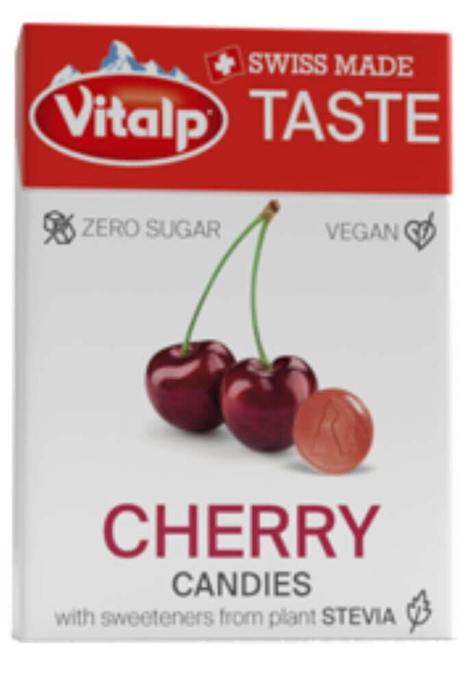 VITALP Cherry Sugarfree Candies pack with cherries, vegan, made with stevia, Swiss authenticity in a convenient size.