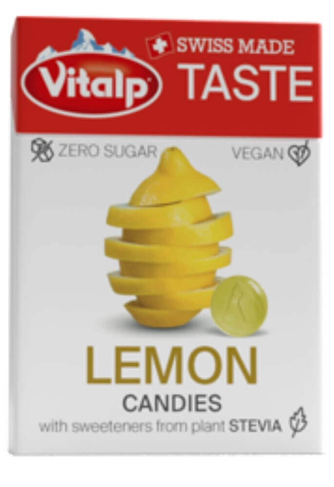 VITALP Lemon Sugar Free Candies box featuring sliced lemon, vegan, sweetened with Stevia, Swiss made.