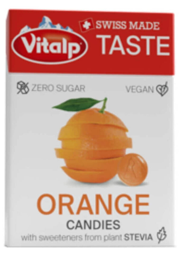 VITALP Orange Sugarfree Candies package featuring a fresh orange and text highlighting zero sugar and vegan ingredients.