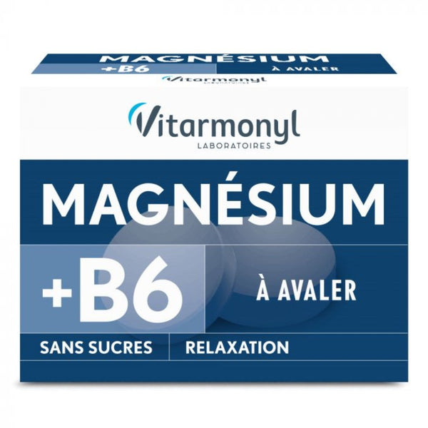 VITARMONYL Magnesium +B6 product box, sugar-free, promoting relaxation and wellness. Not for sale.